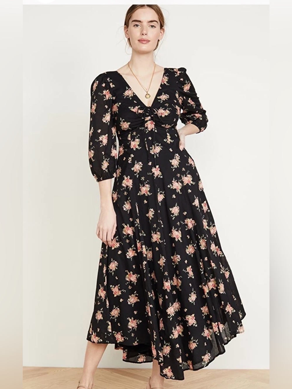 Free People Sea Glass Midi Dress Black Combo Floral Boho Hippie